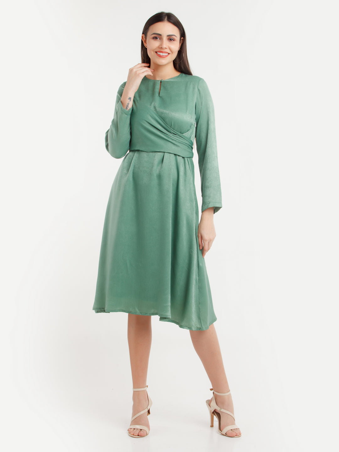 Green Solid Midi Dress For Women