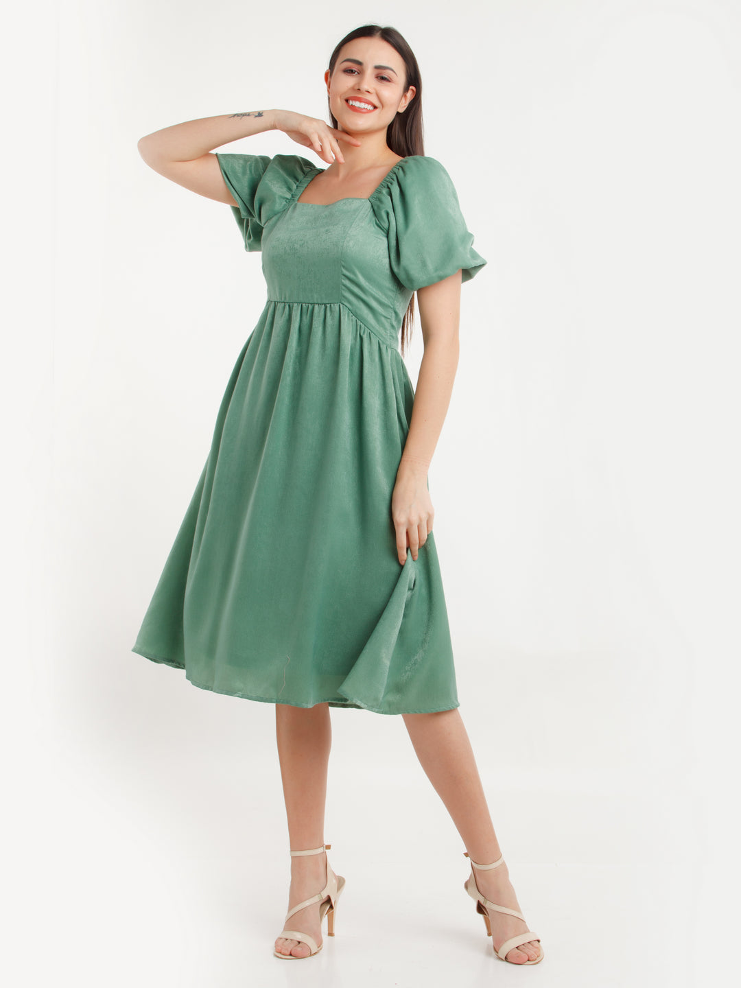 Green Solid Midi Dress