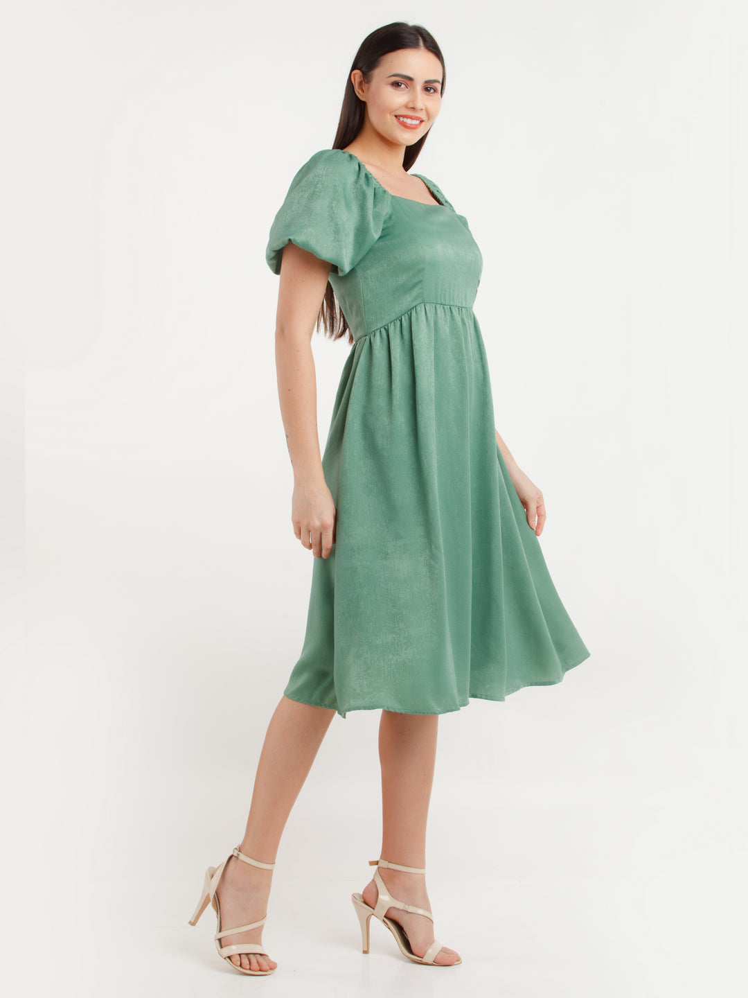 Green Solid Midi Dress