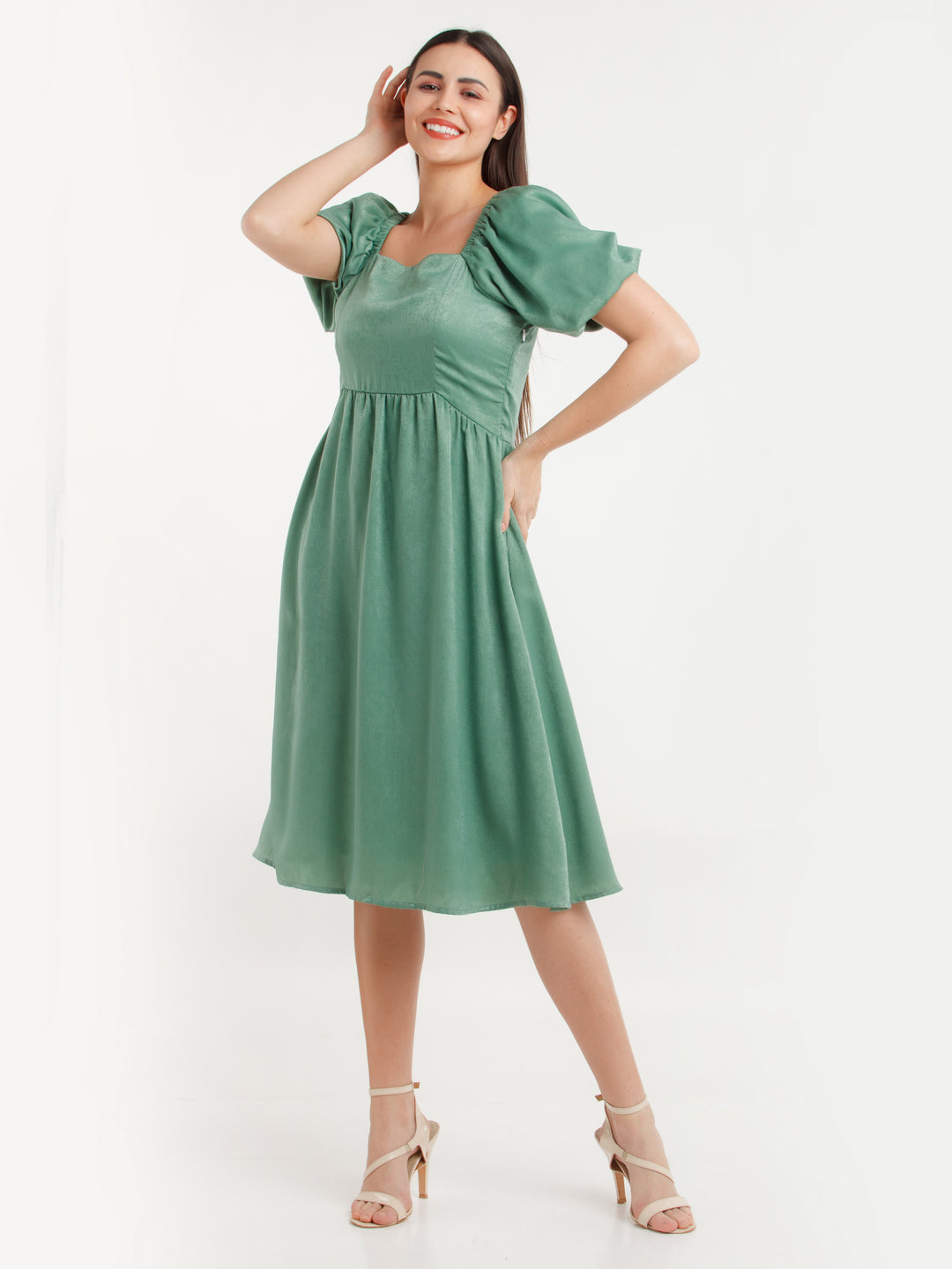 Green Solid Midi Dress