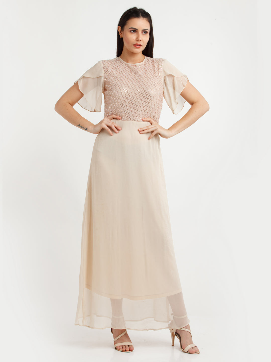 Cream Embellished Maxi Dress For Women