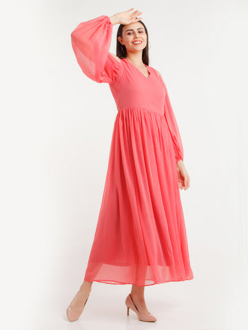 Coral Solid Maxi Dress For Women