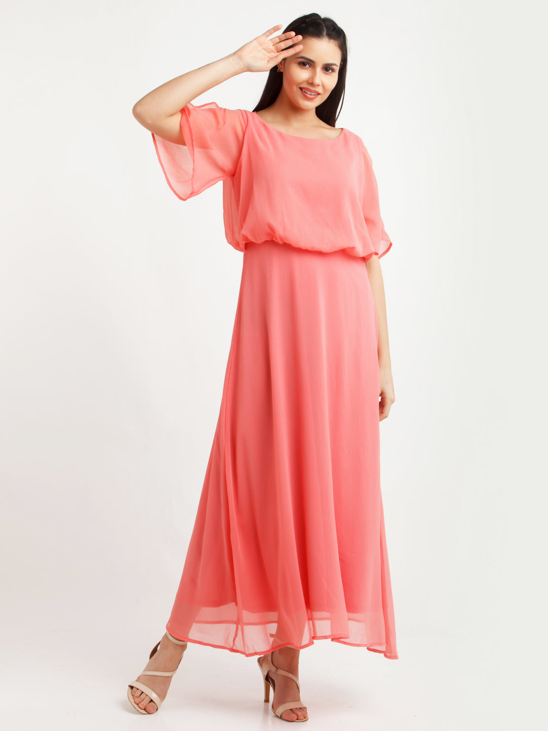 Coral Solid Maxi Dress For Women