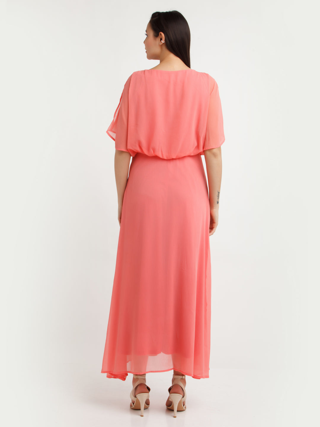 Coral Solid Maxi Dress For Women