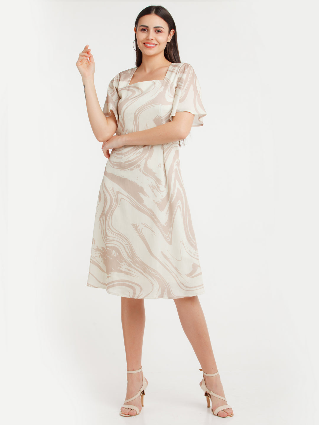 Beige Printed Midi Dress For Women