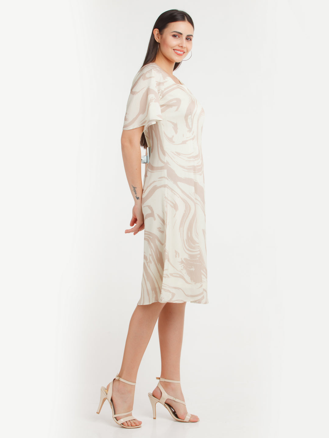 Beige Printed Midi Dress For Women