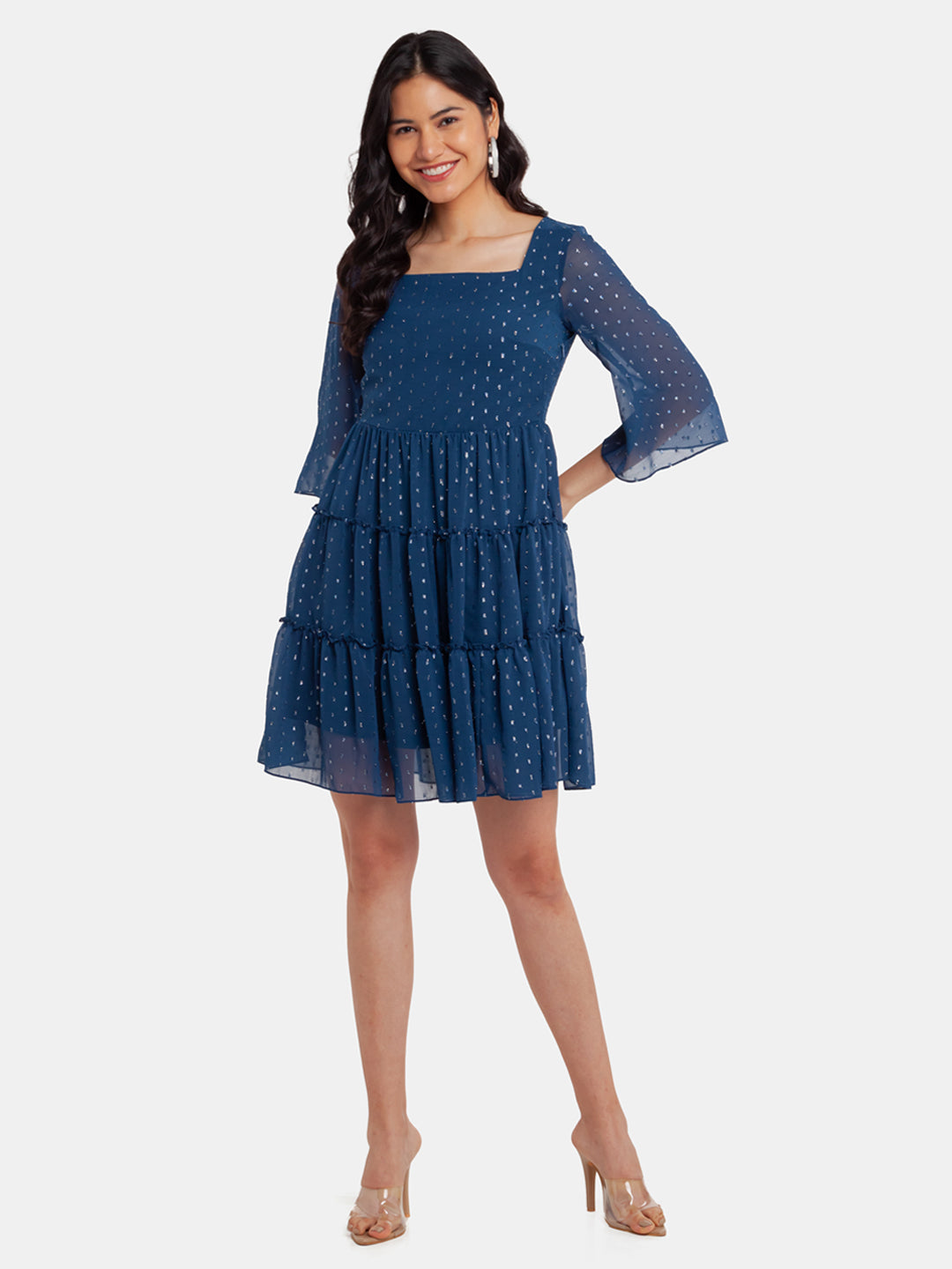 Blue Shimmer Tiered Short Dress