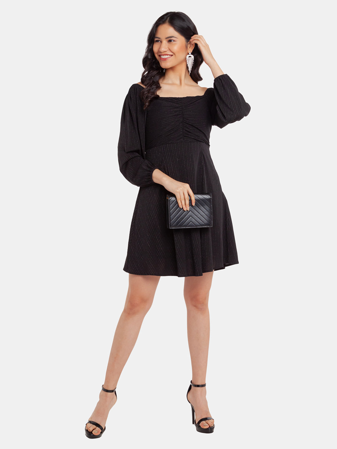 Black Shimmer Ruched  Short Dress For Women