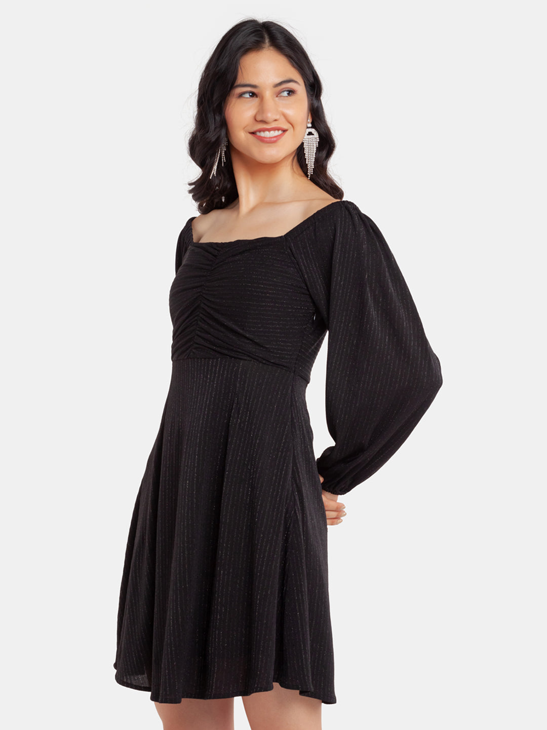 Black Shimmer Ruched  Short Dress