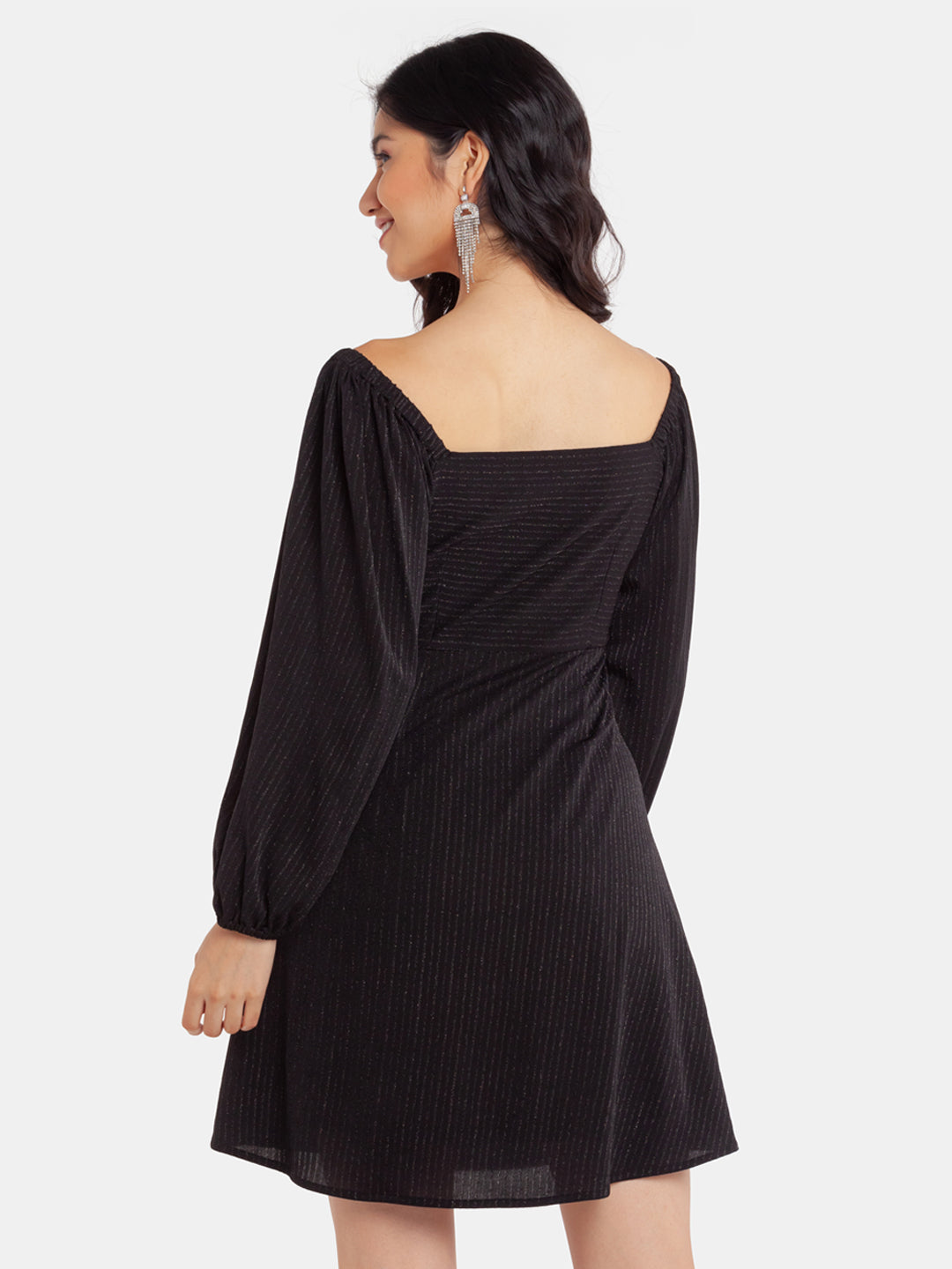 Black Shimmer Ruched  Short Dress For Women