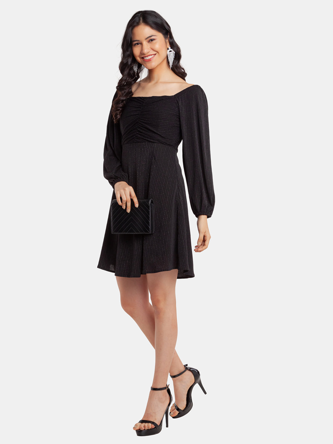 Black Shimmer Ruched  Short Dress