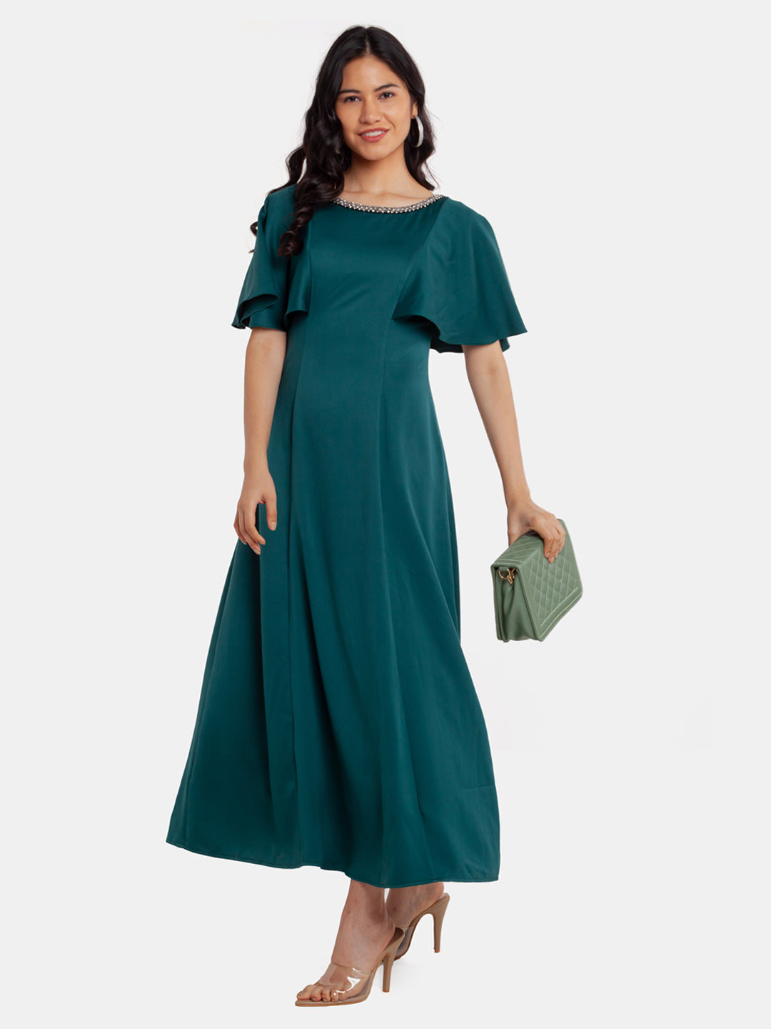 Green Embellished Flared Sleeve Maxi Dress