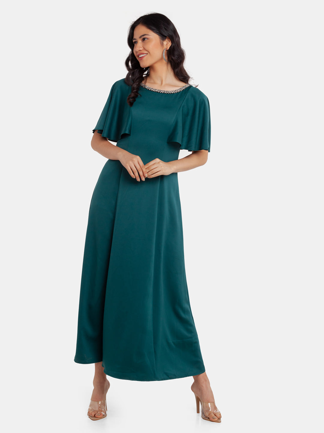 Green Embellished Flared Sleeve Maxi Dress