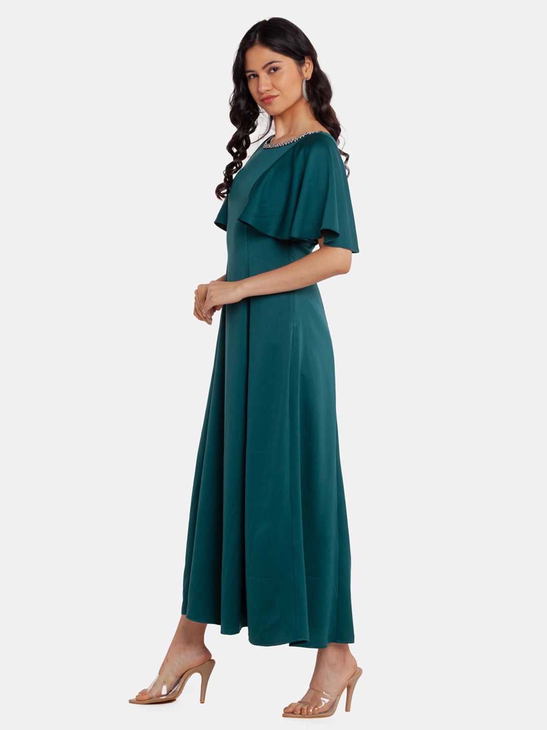 Green Embellished Flared Sleeve Maxi Dress