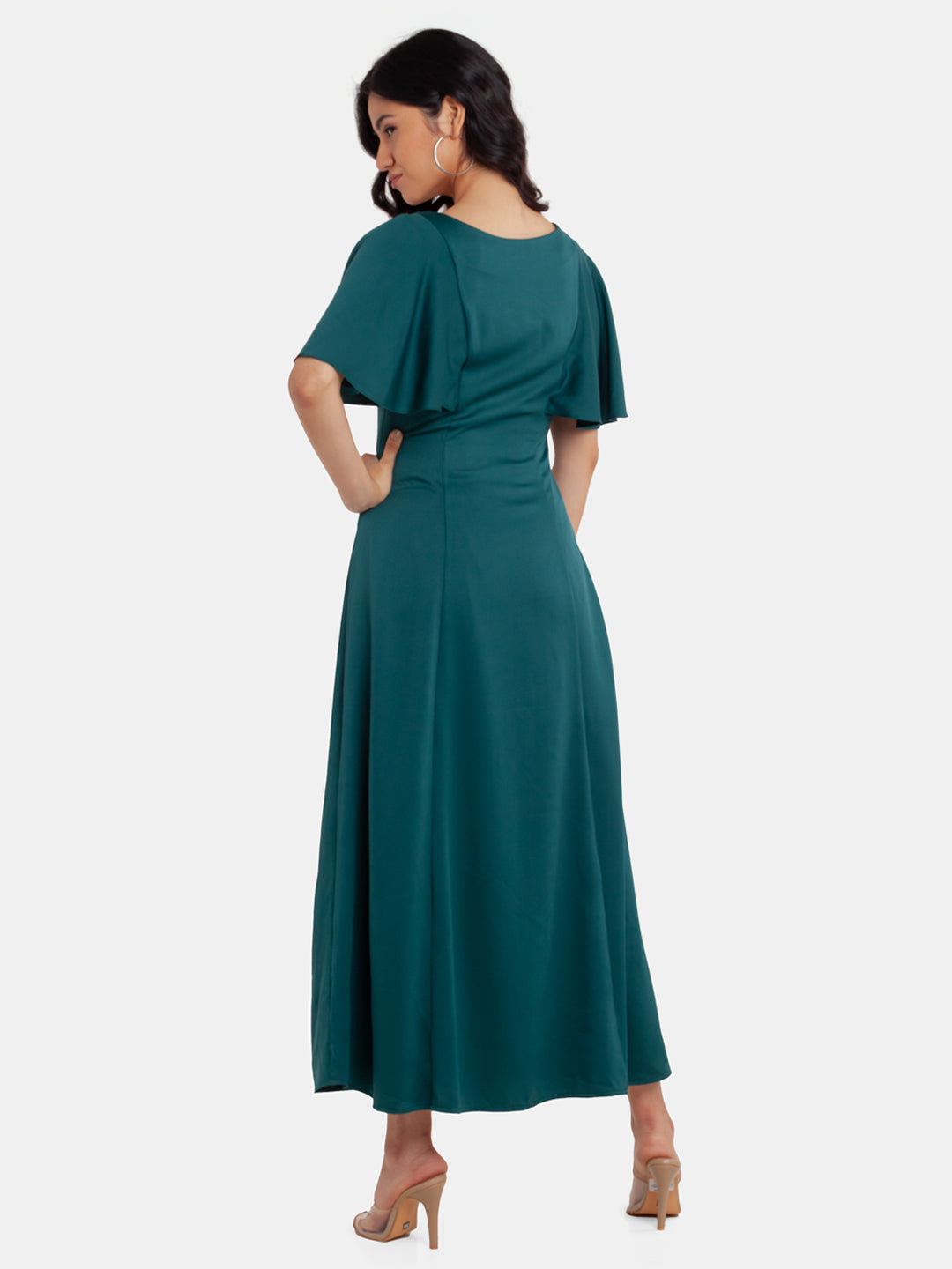 Green Embellished Flared Sleeve Maxi Dress For Women