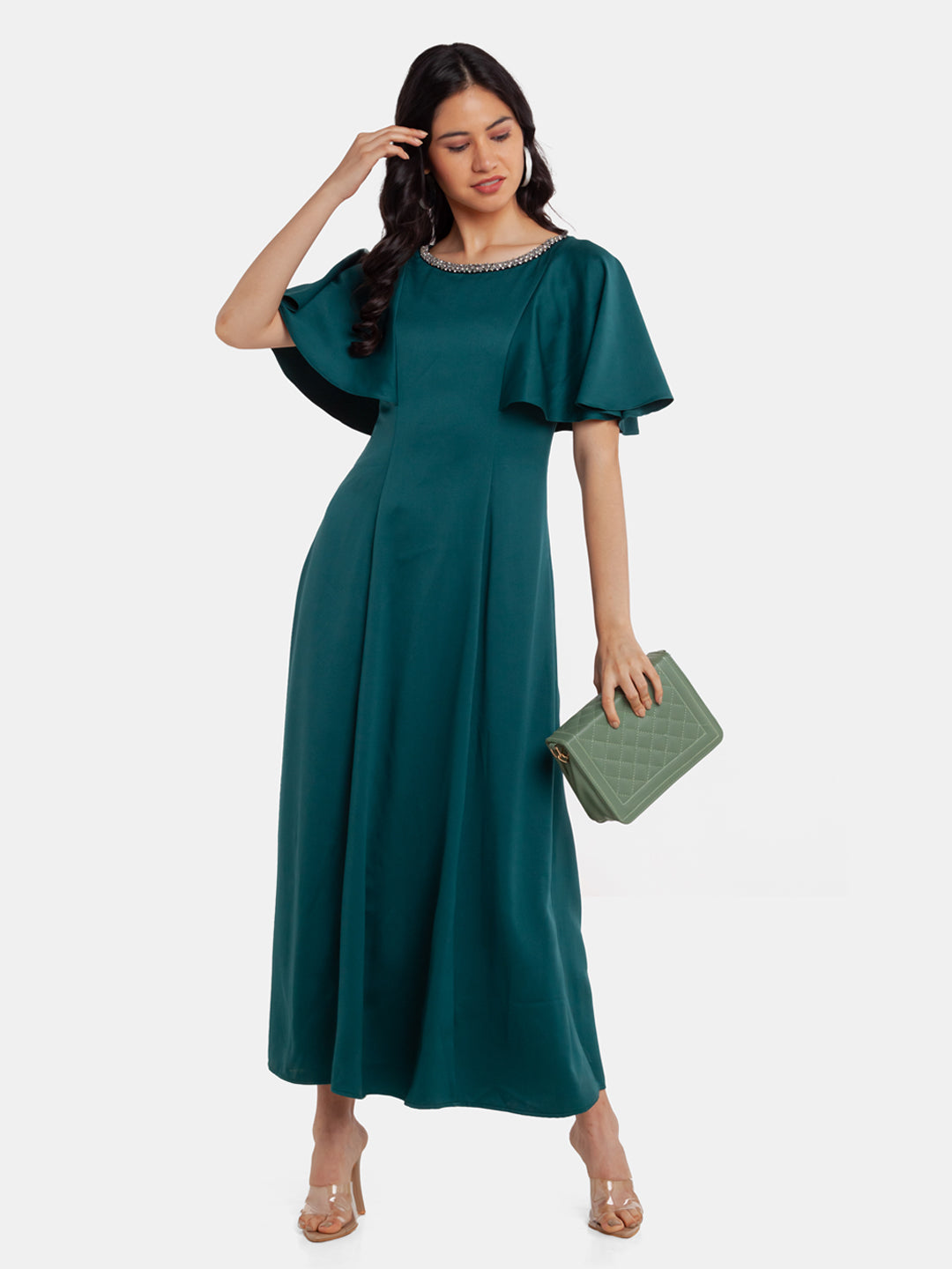 Green Embellished Flared Sleeve Maxi Dress For Women