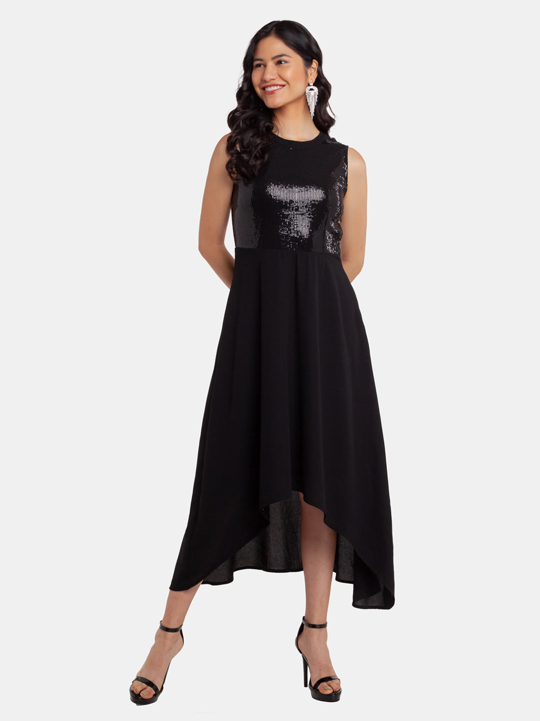 Black Embellished Regular Midi Dress For Women