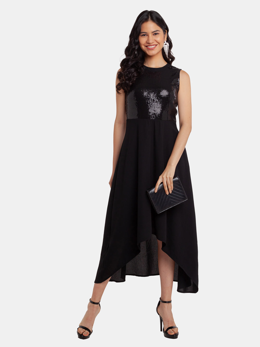 Black Embellished Regular Midi Dress For Women