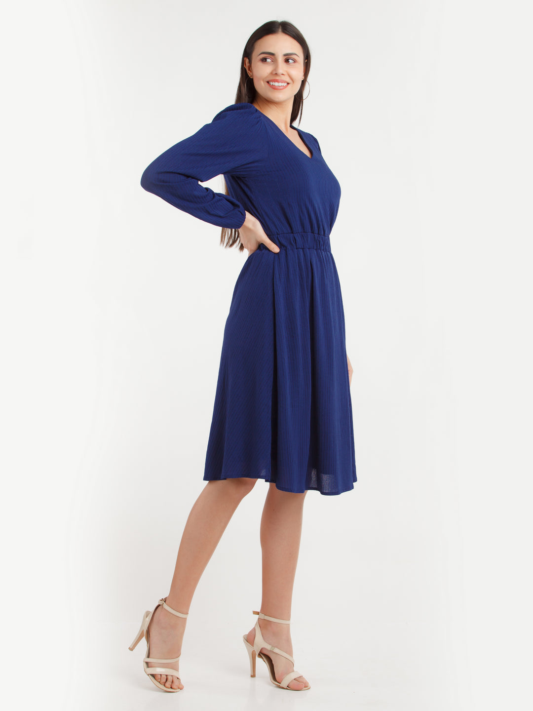Navy Blue Striped Midi Dress For Women