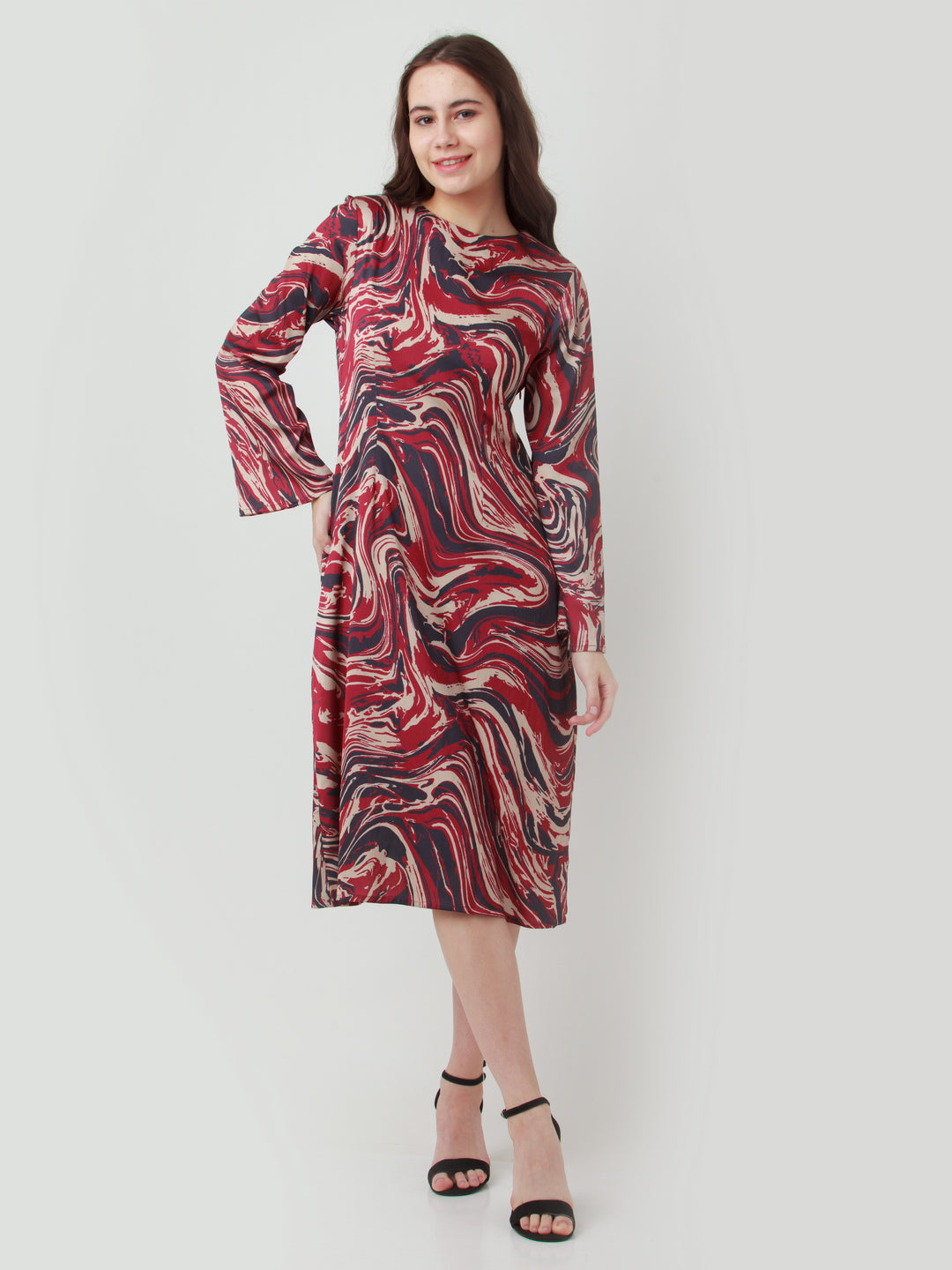 Multicolor Printed Fitted Midi Dress