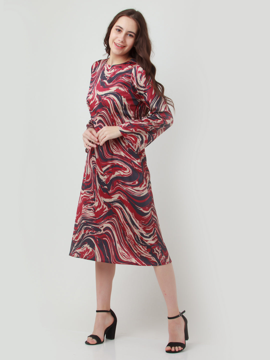 Multicolor Printed Fitted Midi Dress