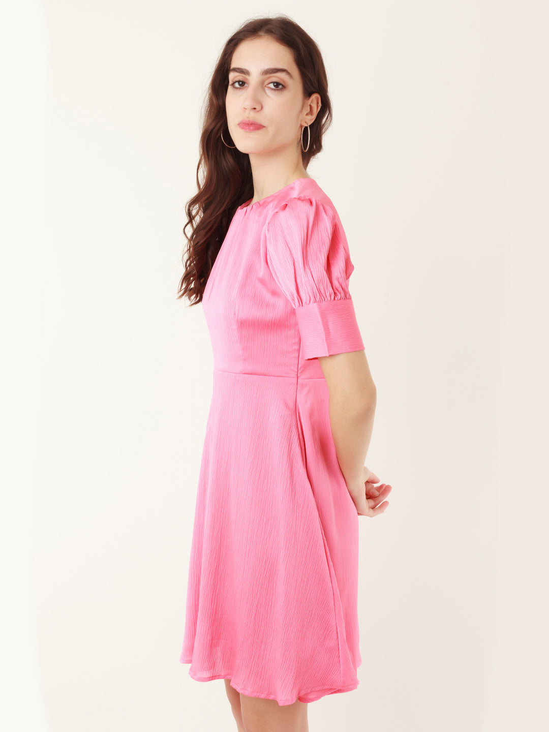 Coral Solid Puff Sleeve Short Dress