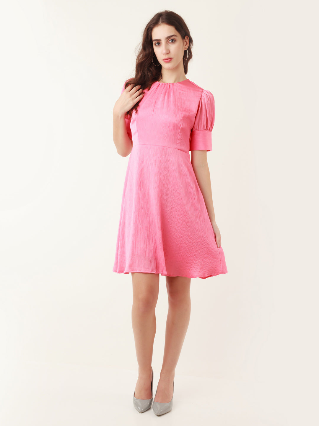 Coral Solid Puff Sleeve Short Dress