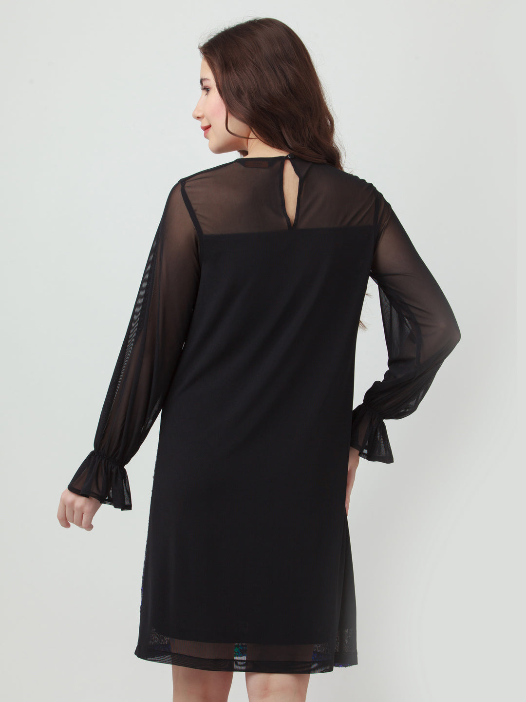 Black Embellished Puff Sleeve Short Dress For Women