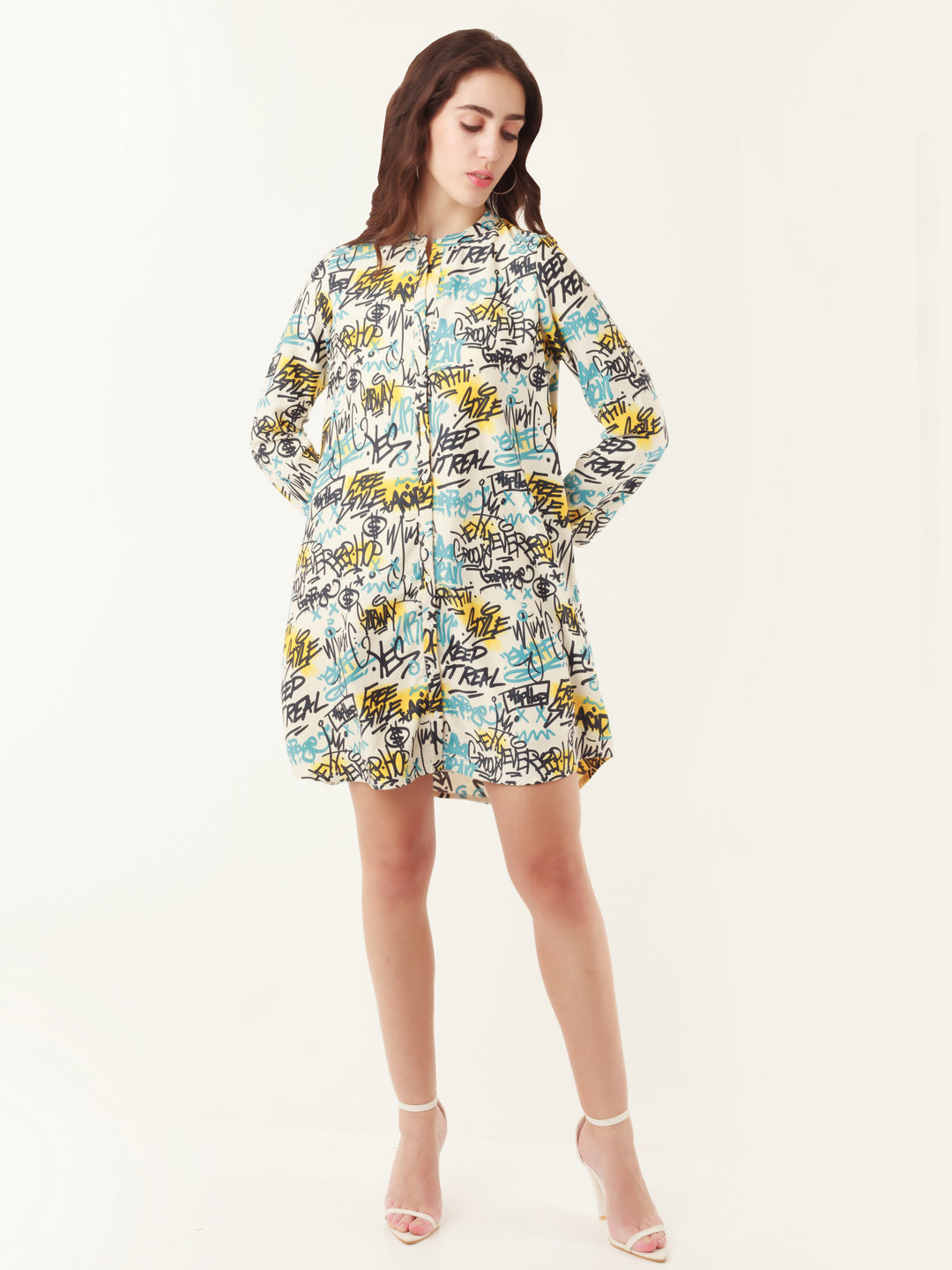 White Graphic Print Shirt Dress