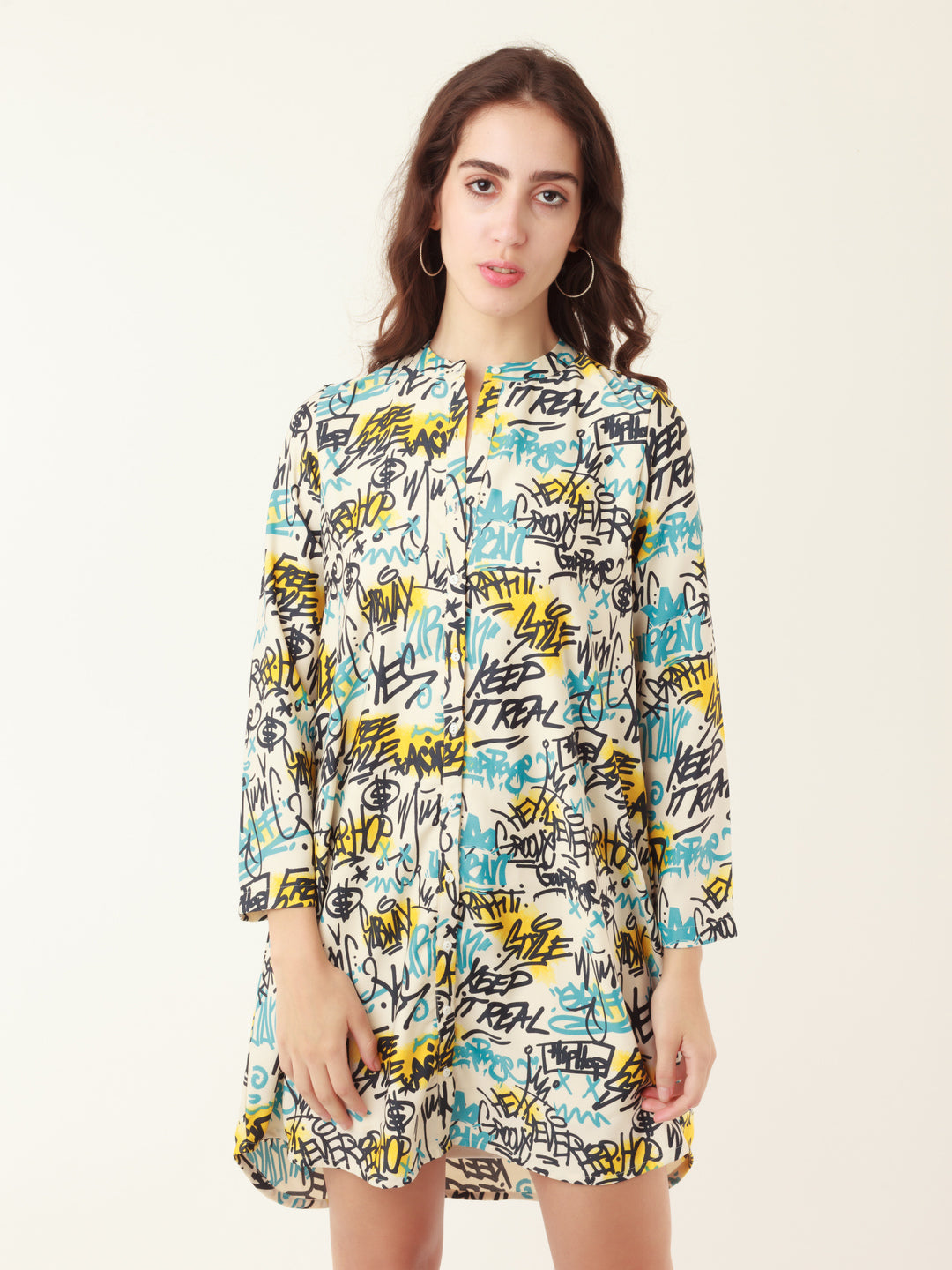 White Graphic Print Shirt Dress