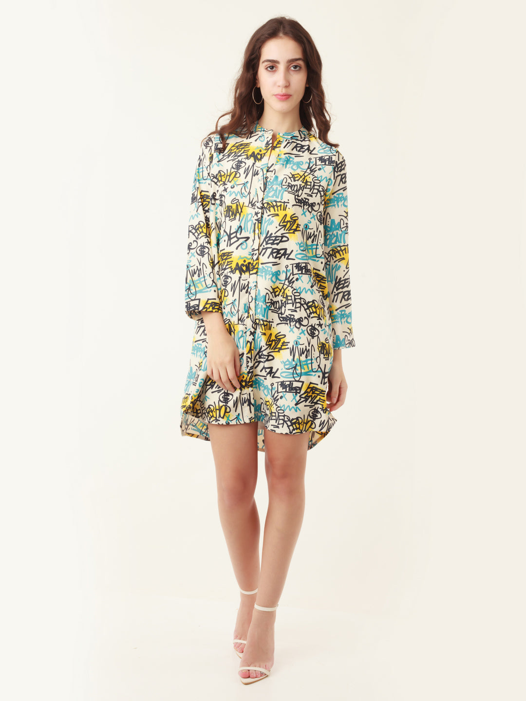 White Graphic Print Shirt Dress