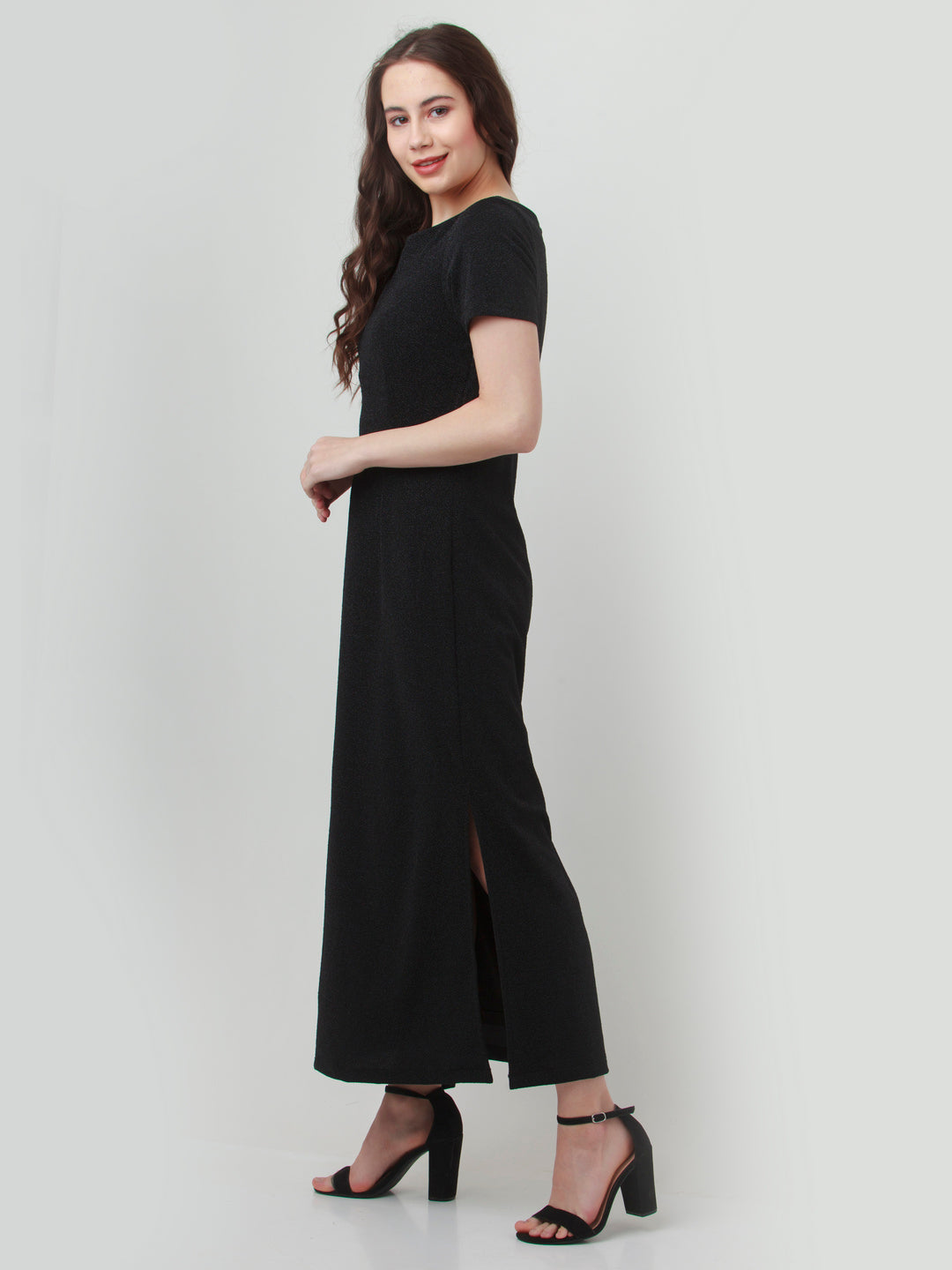 Black Solid Straight Maxi Dress