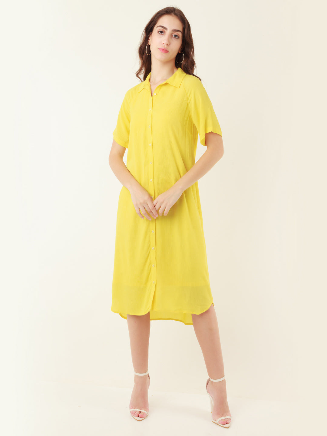 Yellow Solid Shirt Dress Short Dress For Women