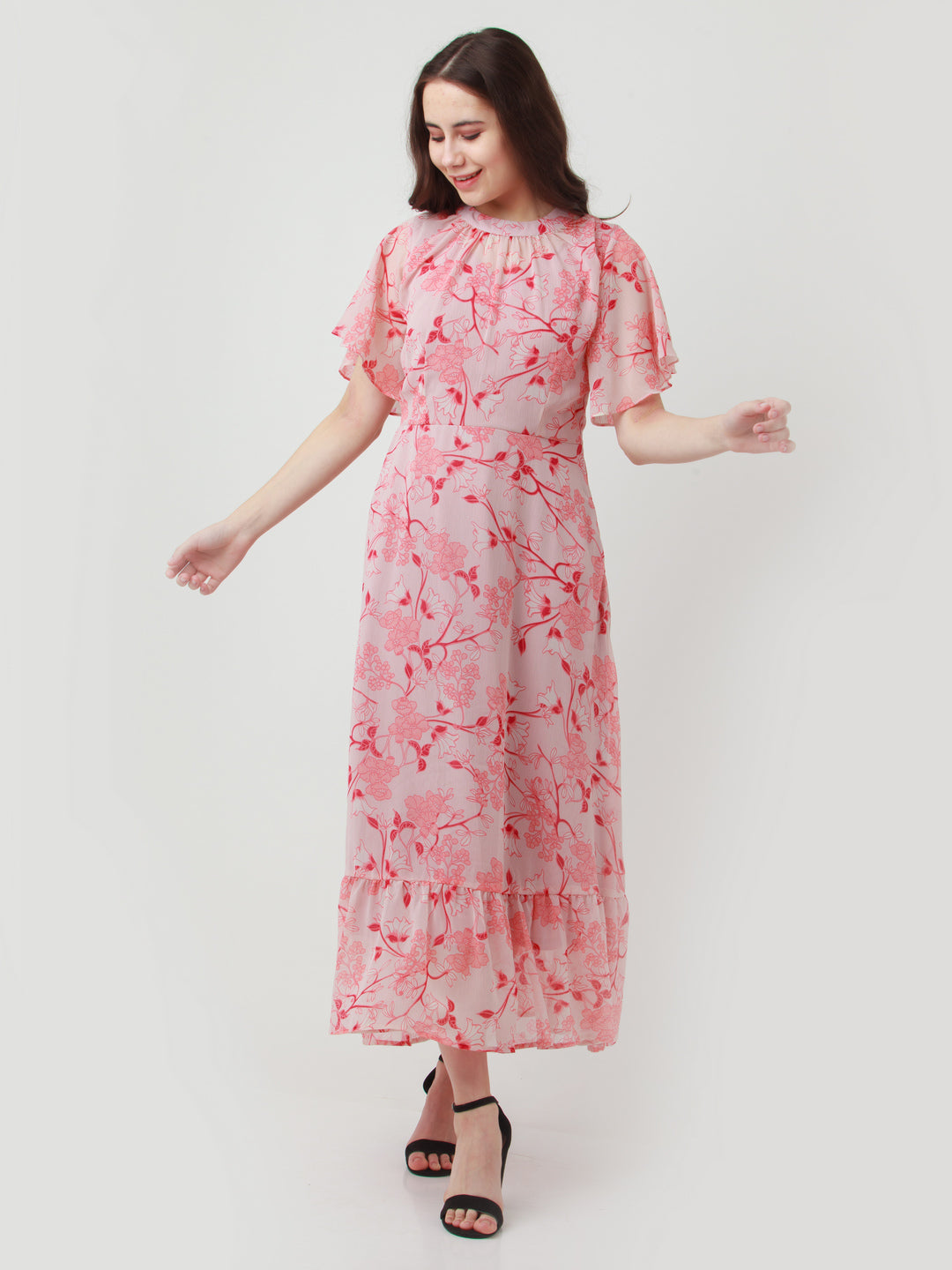 Pink Printed Gathered Maxi Dress