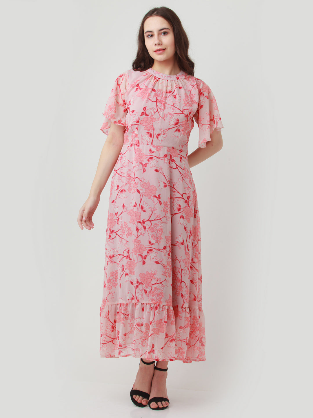 Pink Printed Gathered Maxi Dress