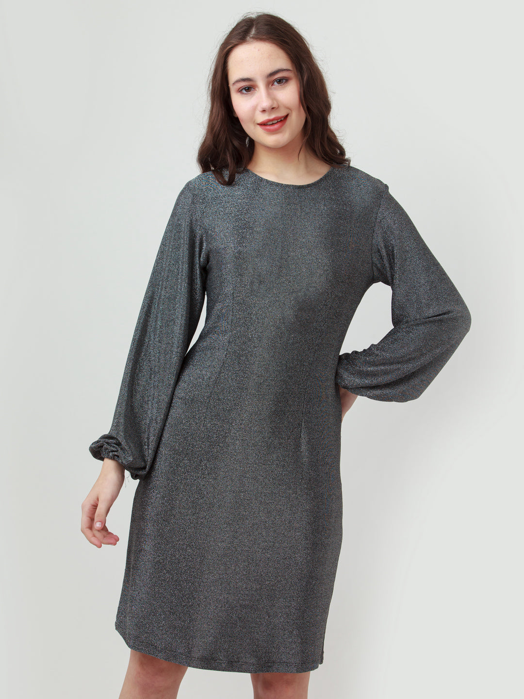 Buy Grey Shimmer Knit One Shoulder Asymmetric Sleeve Dress For Women by  Style Junkiie Online at Aza Fashions.