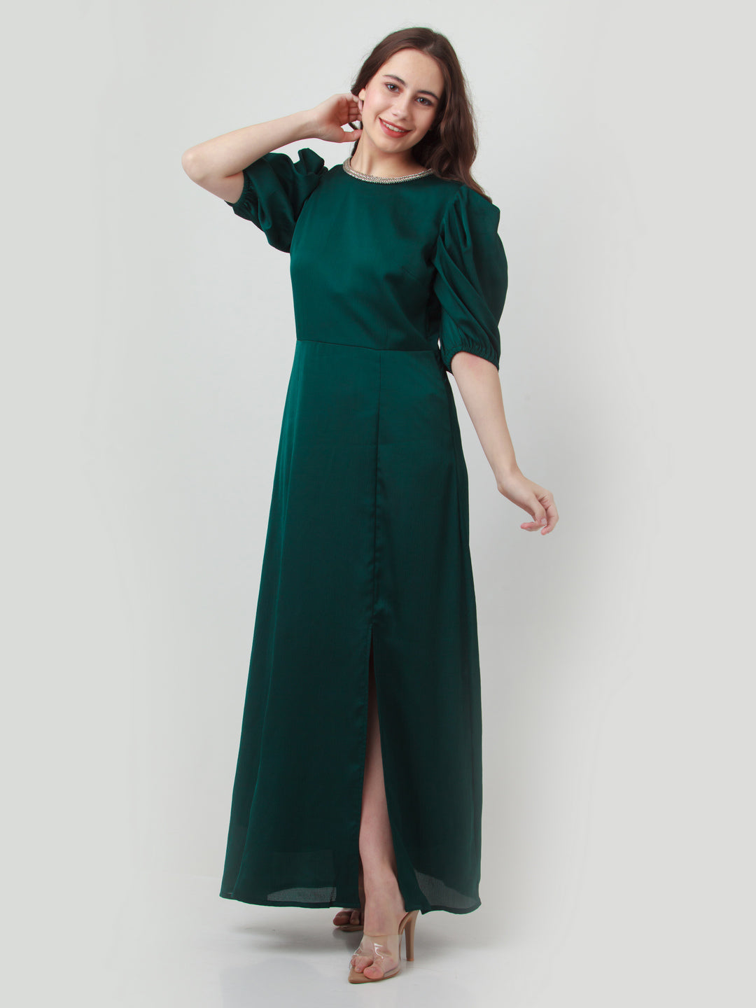 Green Solid Puff Sleeve Maxi Dress For Women