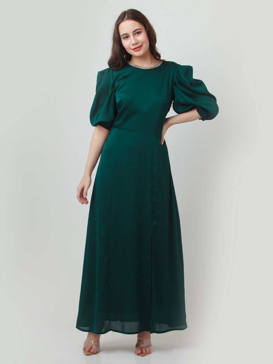 Green Solid Puff Sleeve Maxi Dress