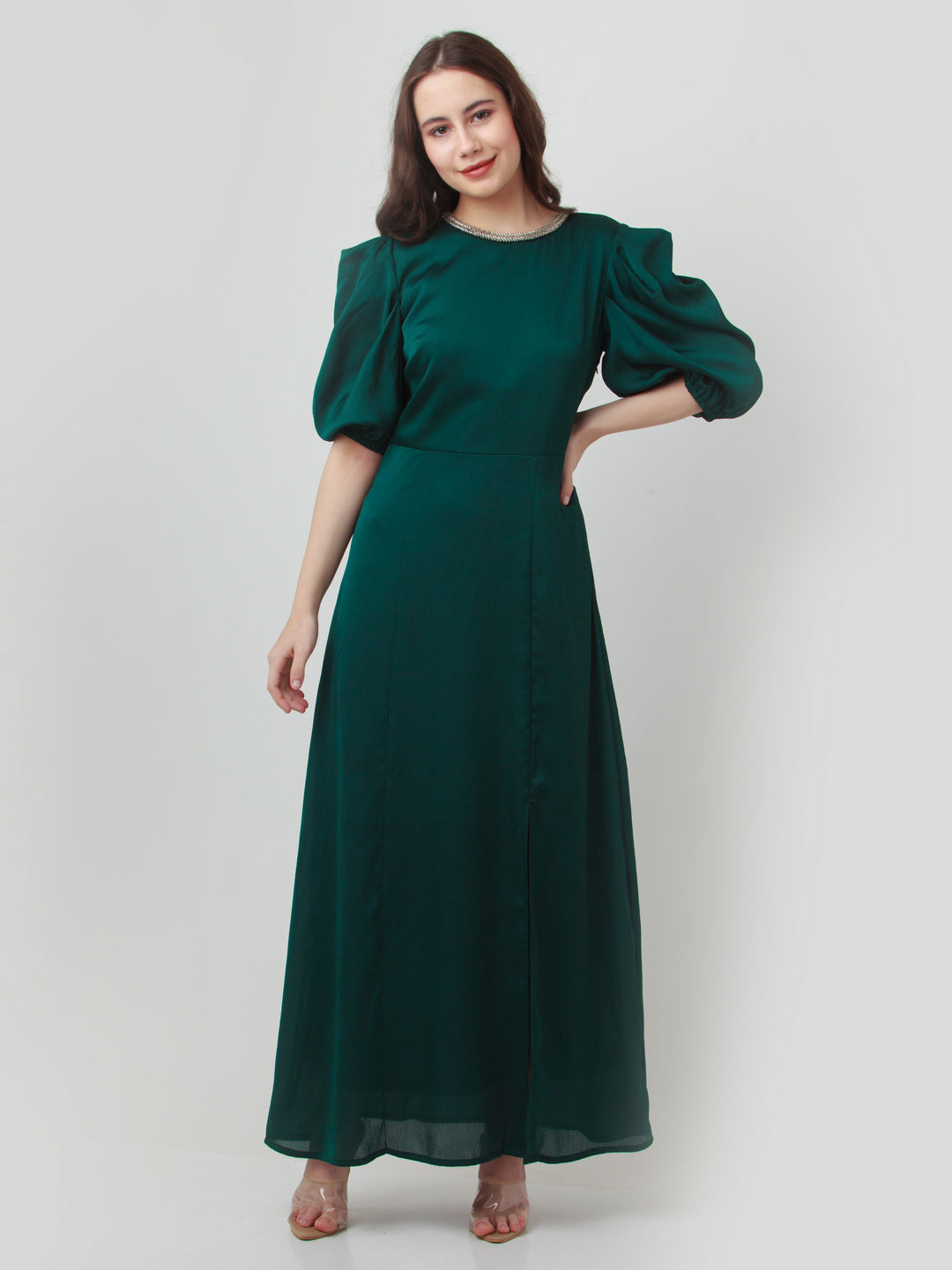 Green Solid Puff Sleeve Maxi Dress For Women