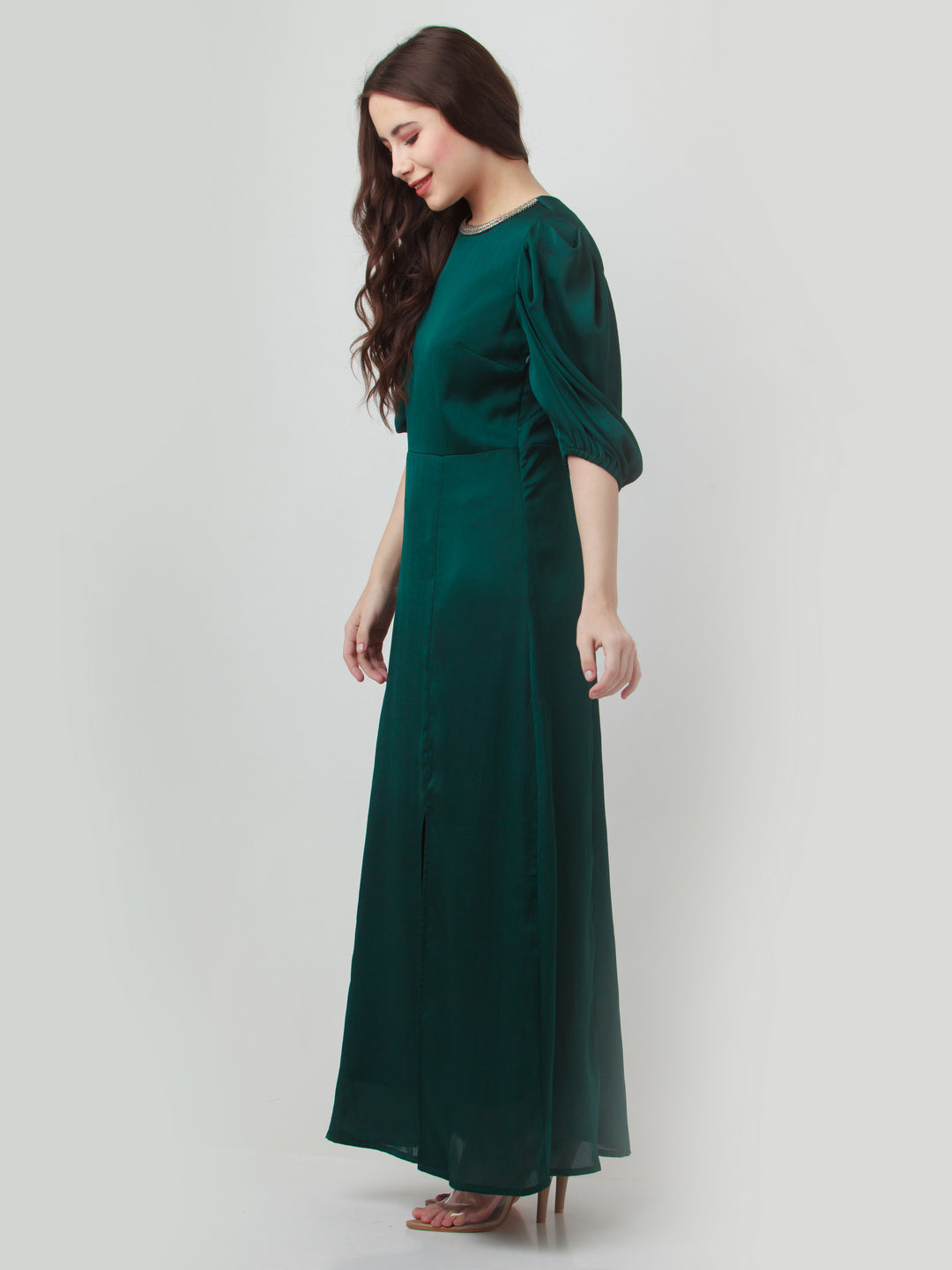 Green Solid Puff Sleeve Maxi Dress