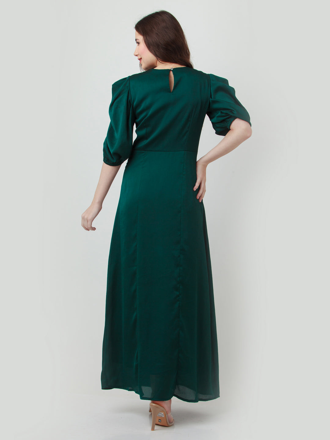 Green Solid Puff Sleeve Maxi Dress