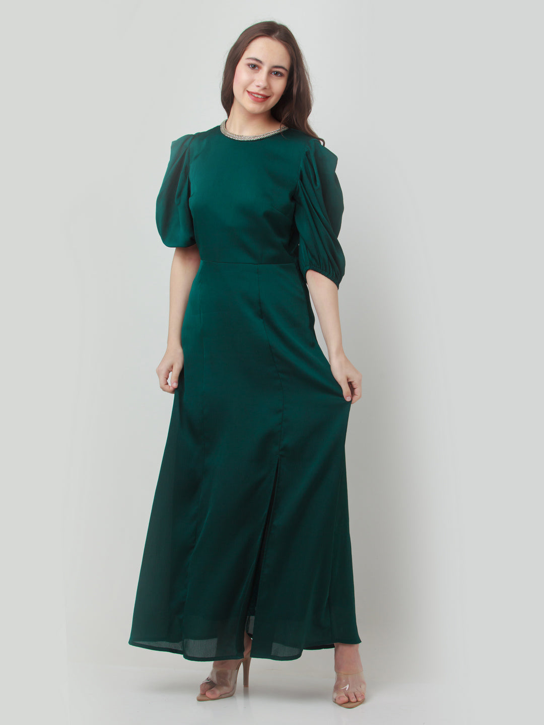 Green Solid Puff Sleeve Maxi Dress