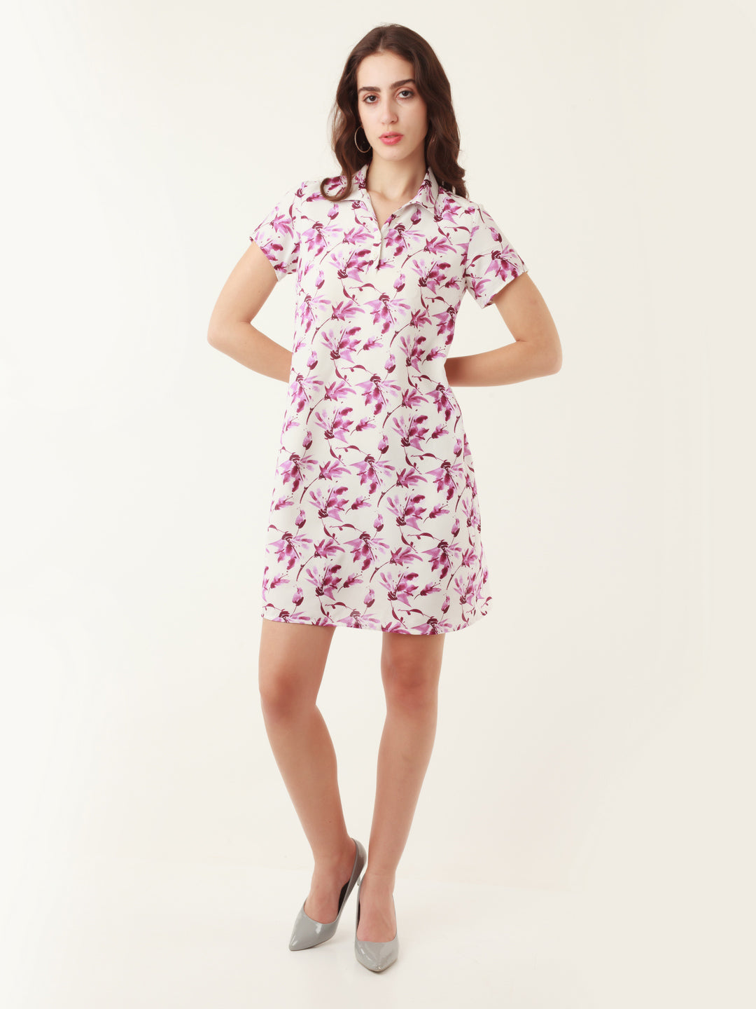 White Tropical Print Regular Mini Dress for Women