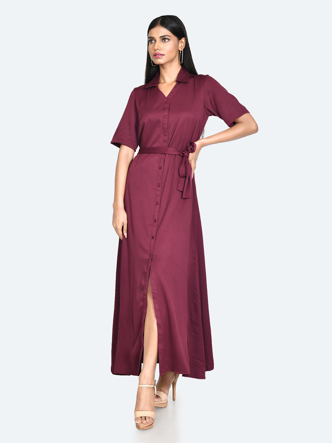 Red Solid Tie-Up Maxi Dress