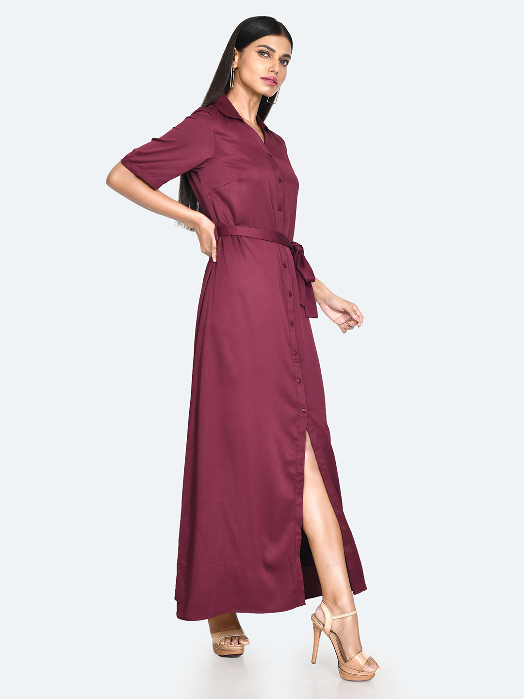 Red Solid Tie-Up Maxi Dress