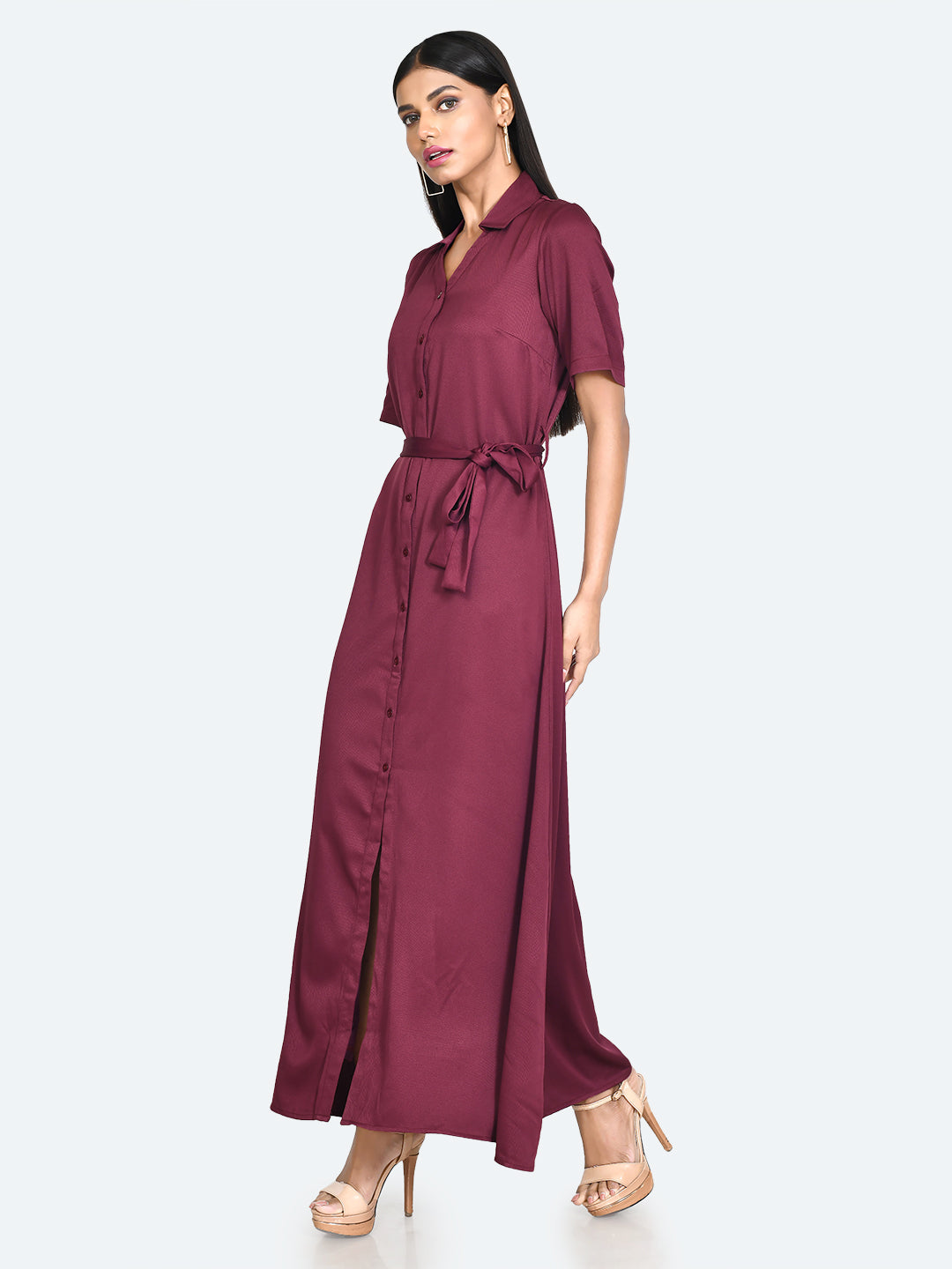 Red Solid Tie-Up Maxi Dress