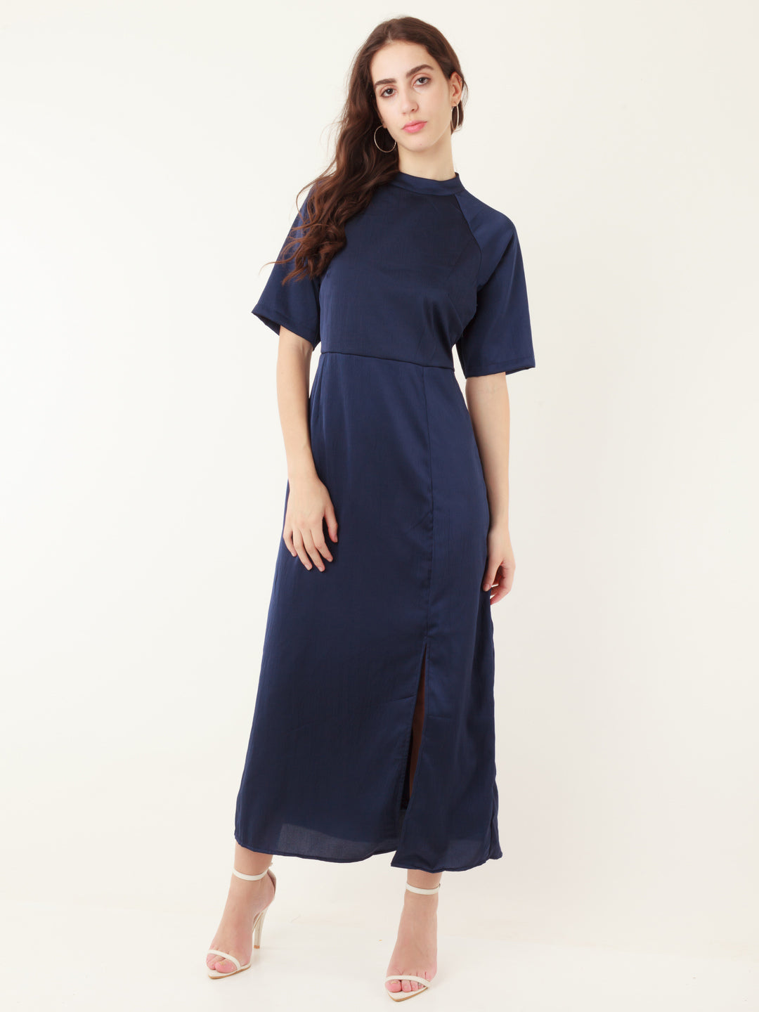 Navy Blue Solid A-Line Maxi Dress