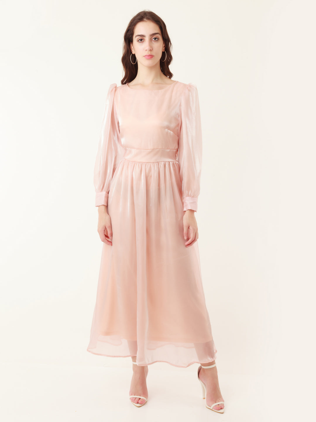 Pink Solid Puff Sleeve Maxi Dress for Women