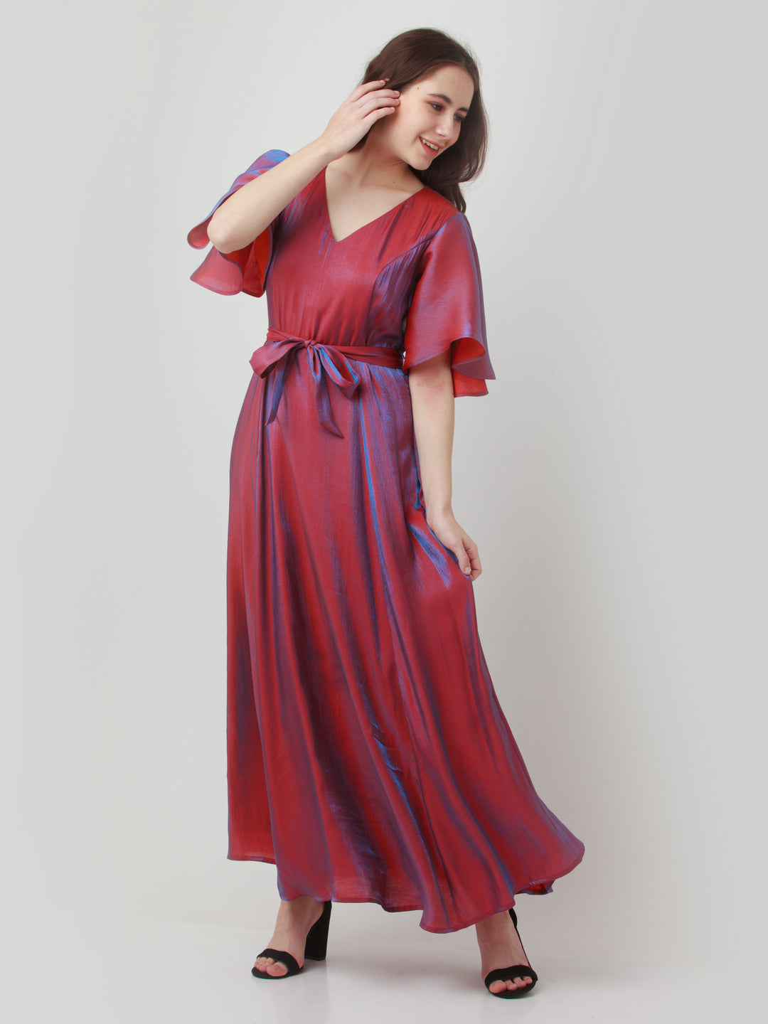 Red Solid Tie-Up Maxi Dress