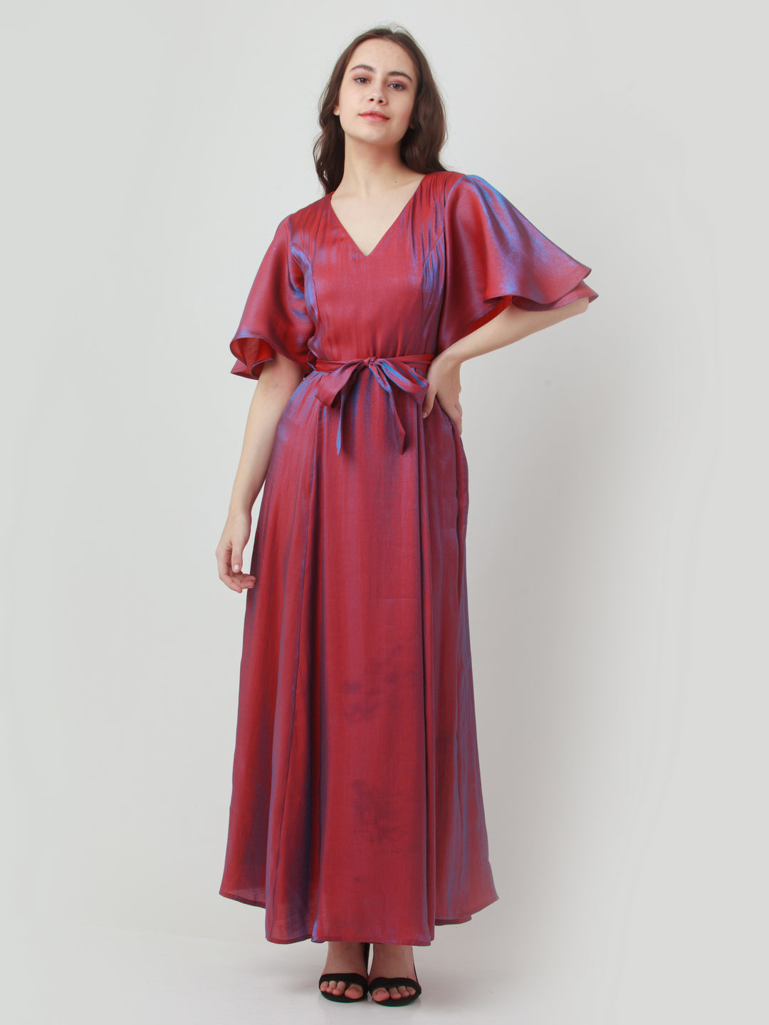 Red Solid Tie-Up Maxi Dress